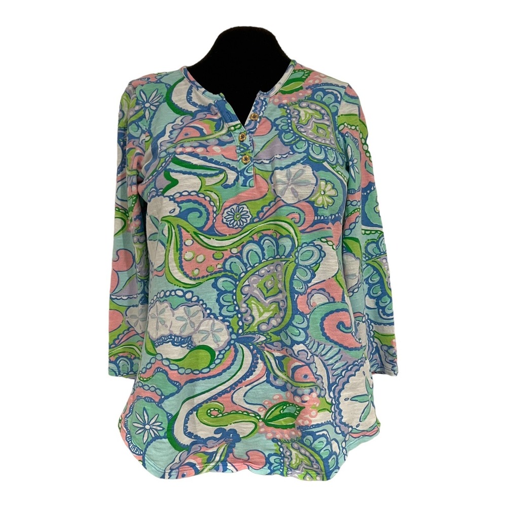 Lilly Pulitzer Kirby Top 1/4 Button Up 3/4 Sleeve Size Small‎ Made in Peru